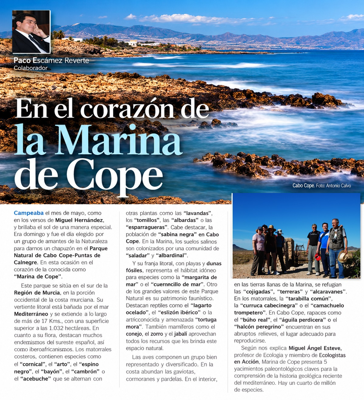 Portada original del reportaje En el corazón de la Marina de Cope, con paisaje litoral y retrato de Paco Escámez Reverte
