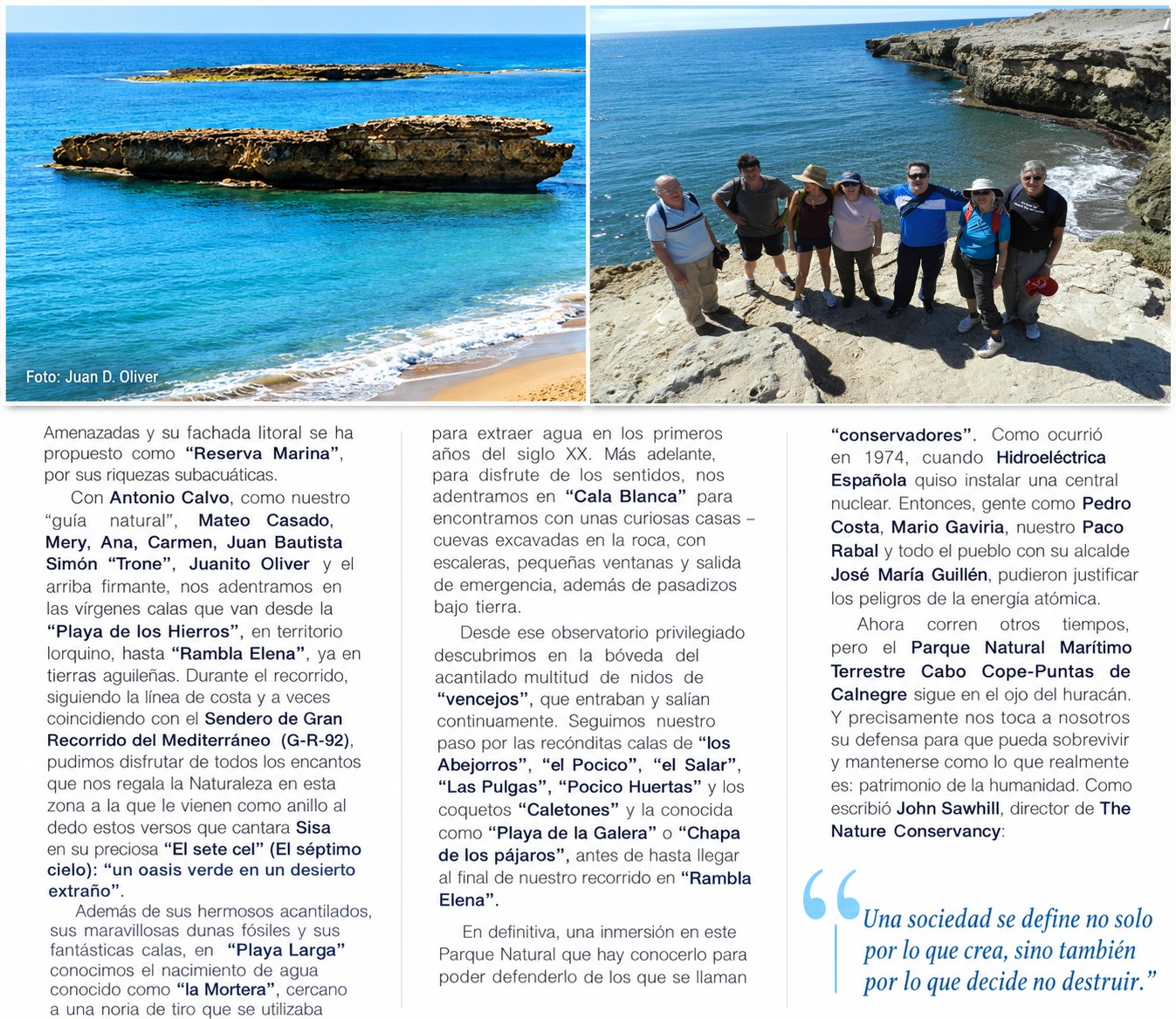 Página original del reportaje con fotografías de la costa y el grupo de visitantes, y el texto sobre la Marina de Cope