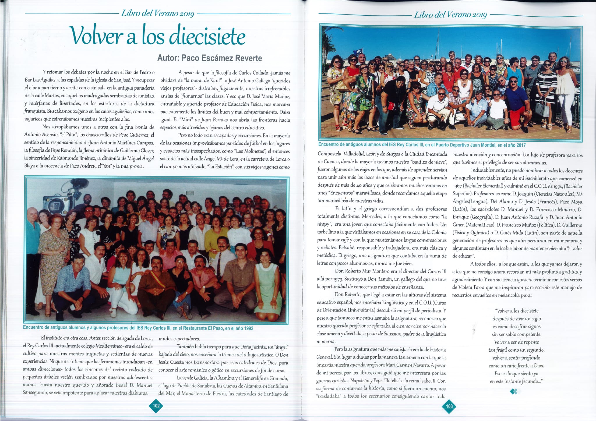 Artículo Volver a los diecisiete, de Paco Escámez Reverte, publicado en el Libro del Verano 2019